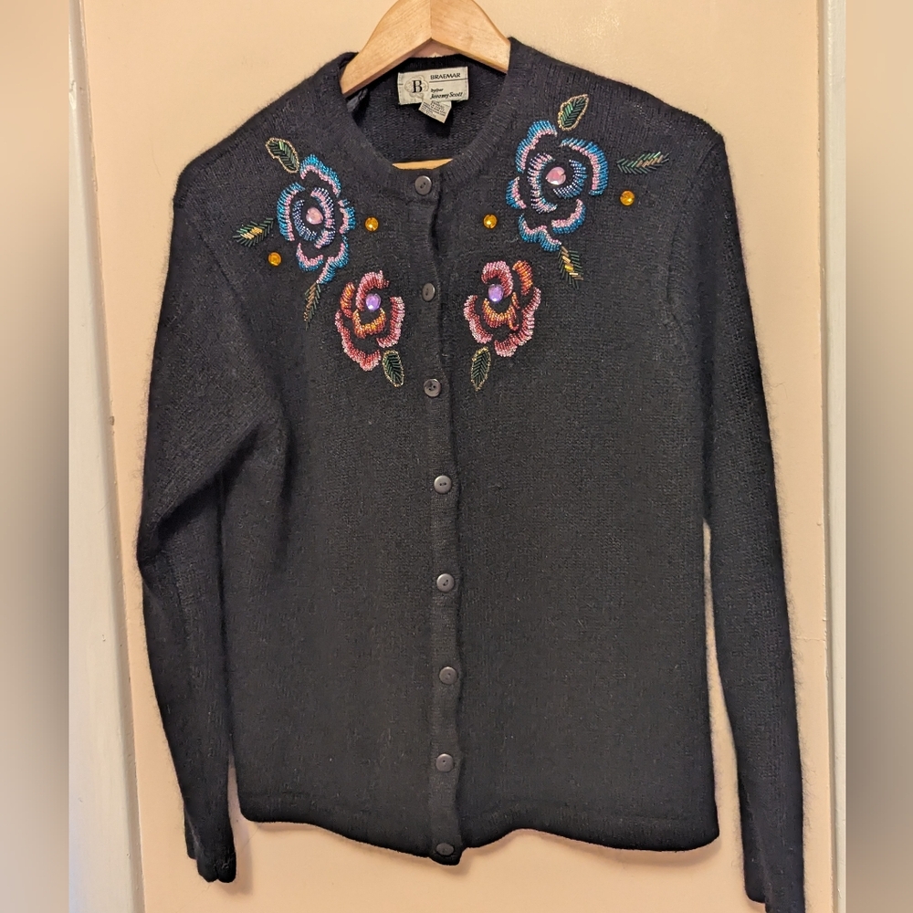 Vintage Black Knit Silk Angora Blend Sweater Cardigan Beaded Flowers Large - Picture 10 of 14